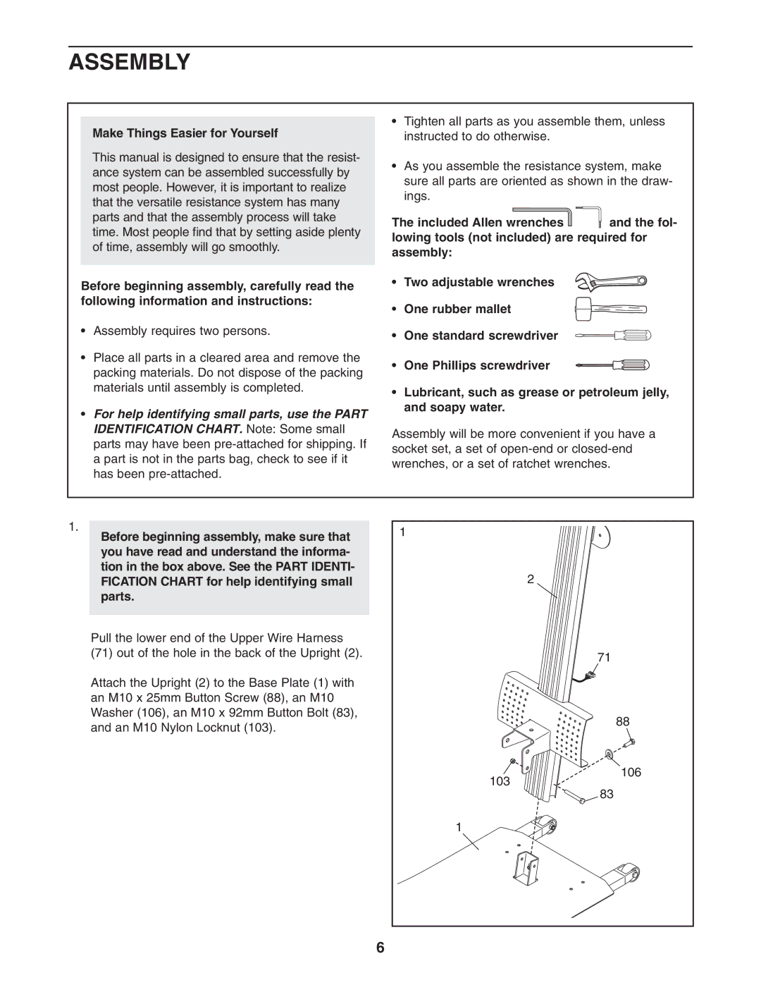 Weider WESY75741 user manual Assembly, Make Things Easier for Yourself 