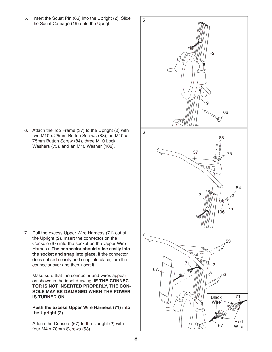 Weider WESY75741 user manual Push the excess Upper Wire Harness 71 into the Upright 