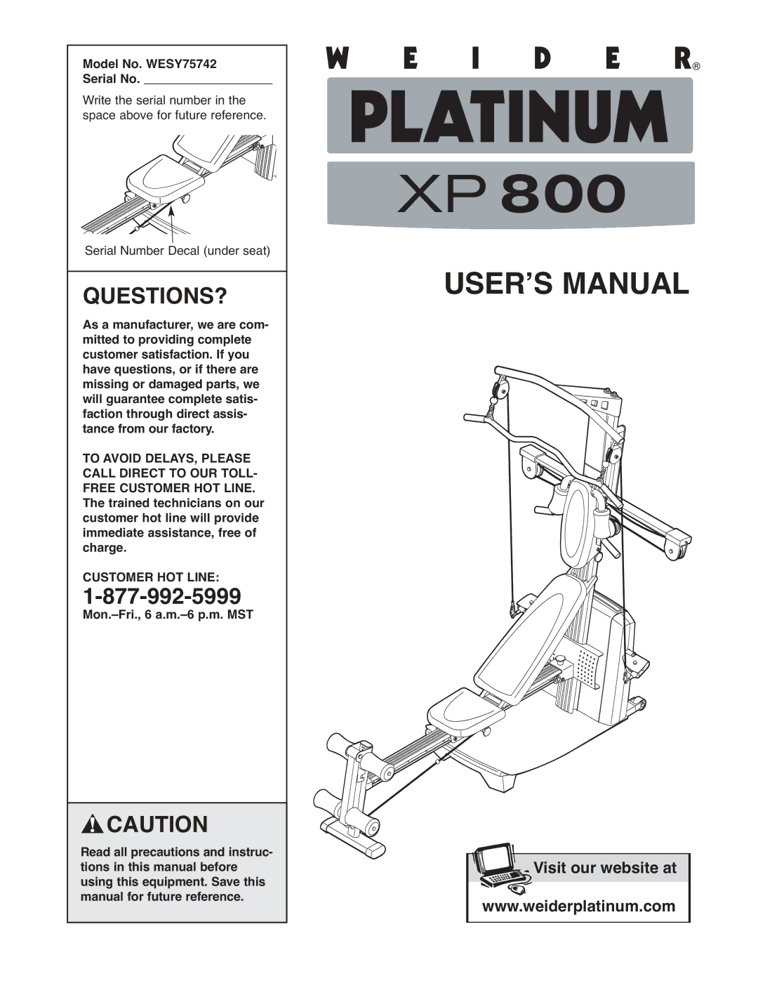 Weider user manual Questions?, Model No. WESY75742 Serial No 