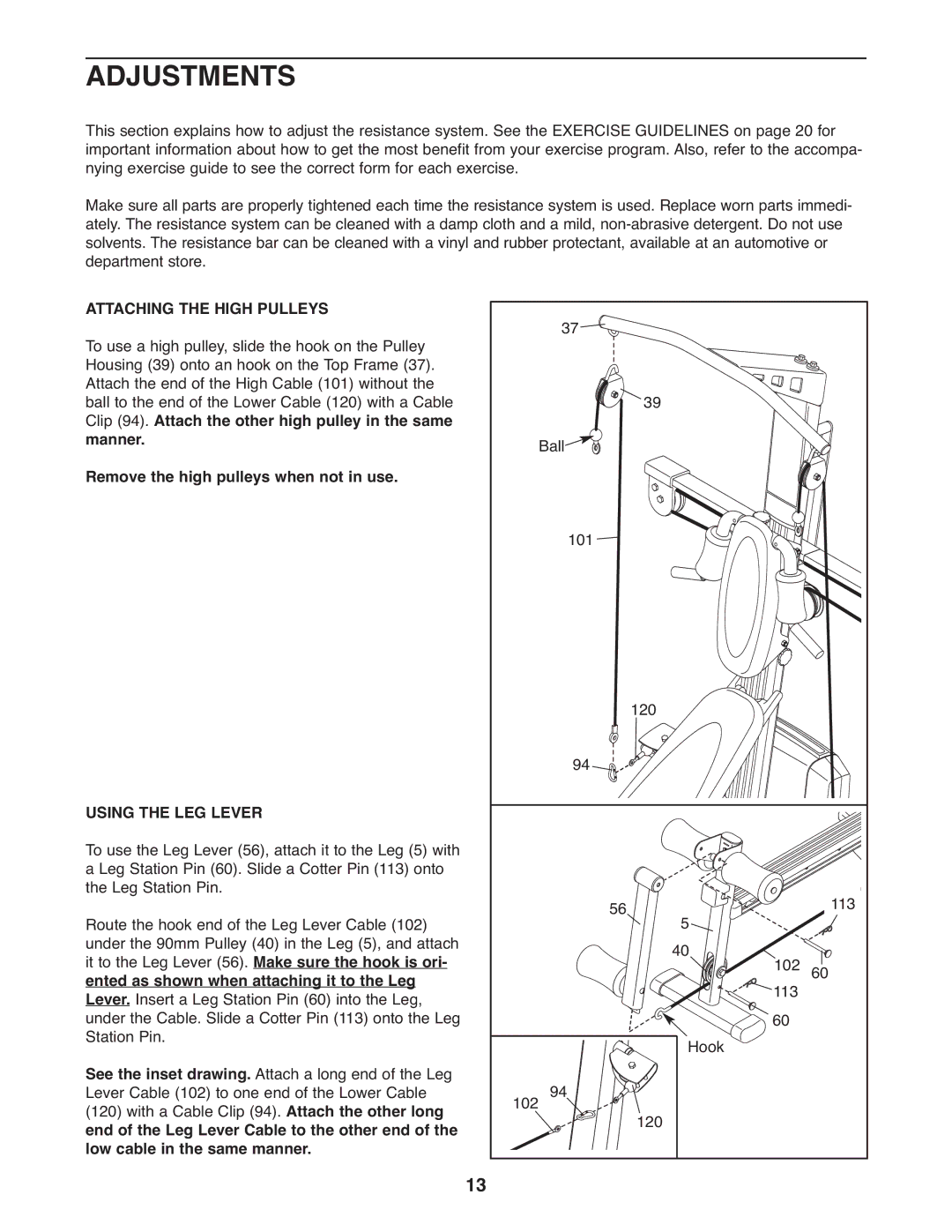 Weider WESY75742 user manual Adjustments, Using the LEG Lever, Ented as shown when attaching it to the Leg 