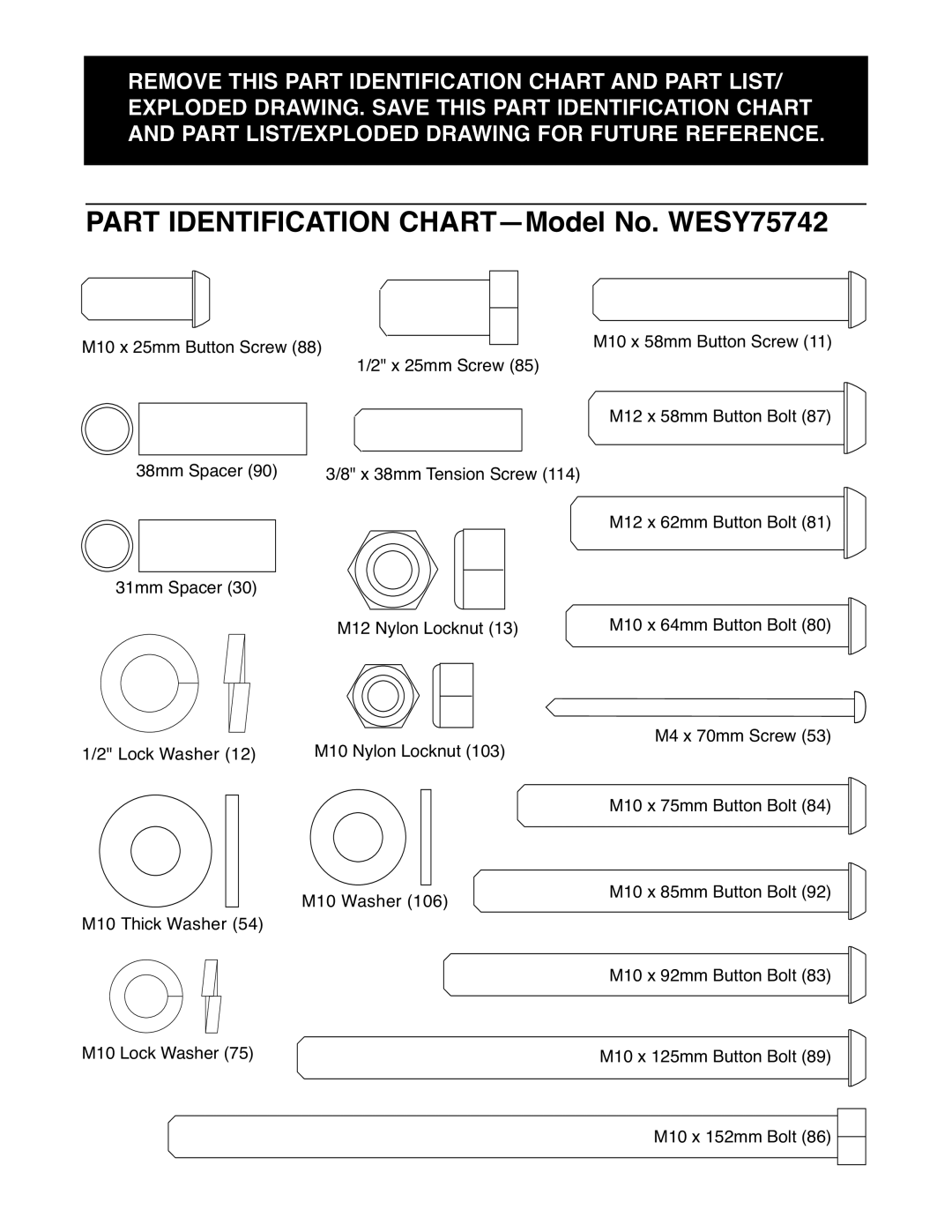 Weider user manual Part Identification CHART-Model No. WESY75742 