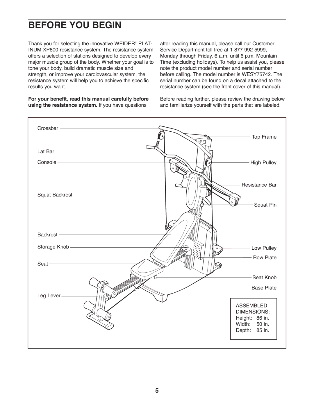 Weider WESY75742 user manual Before YOU Begin 