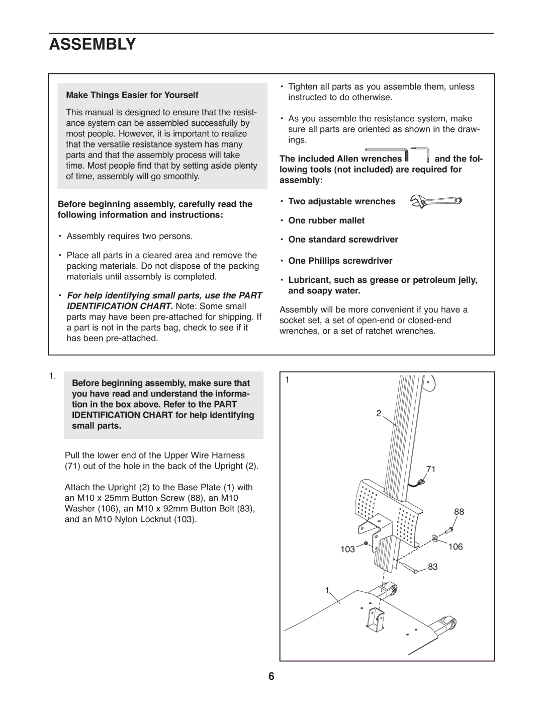 Weider WESY75742 user manual Assembly, Make Things Easier for Yourself, Tighten all parts as you assemble them, unless 