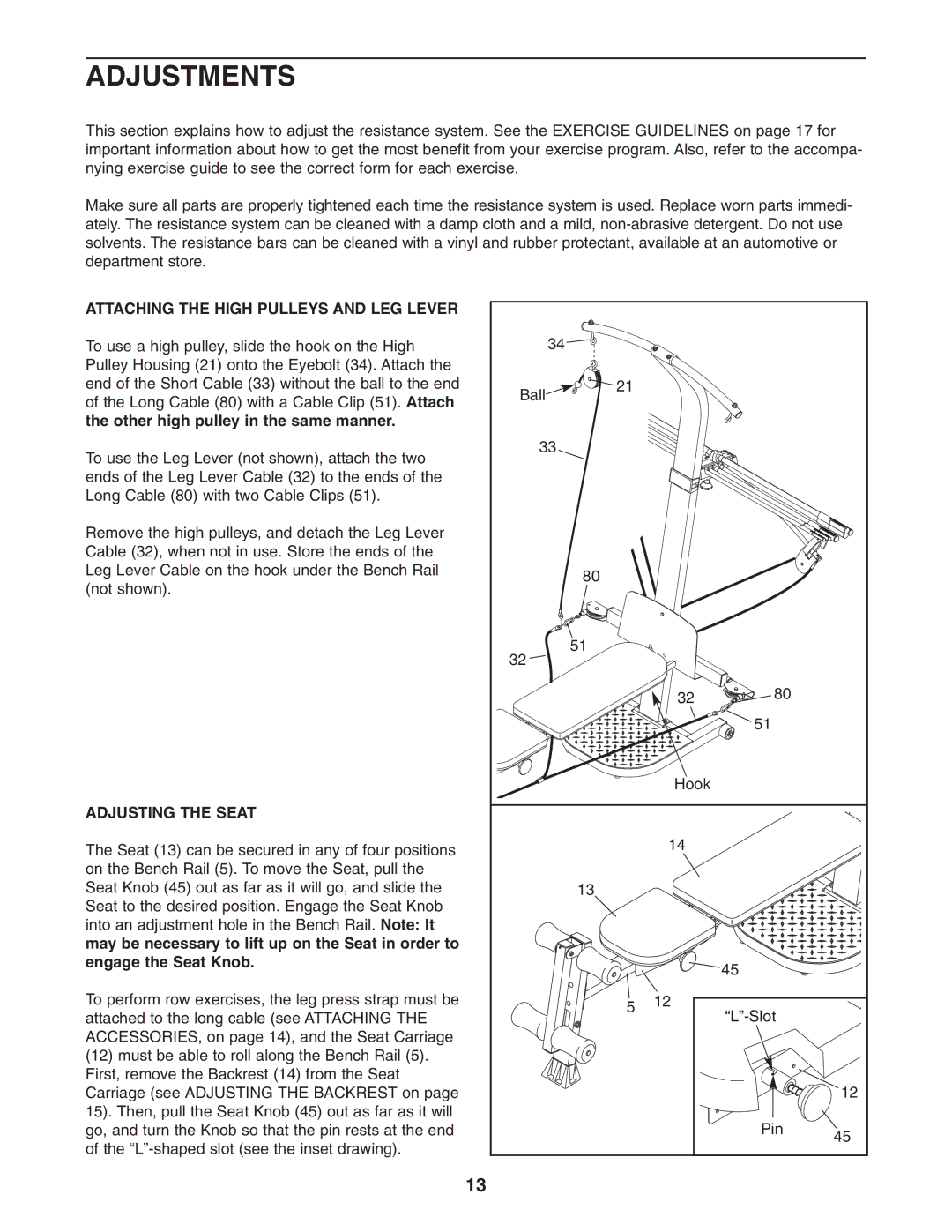 Weider WESY7773.1 user manual Adjustments, Attaching the High Pulleys and LEG Lever, Adjusting the Seat 