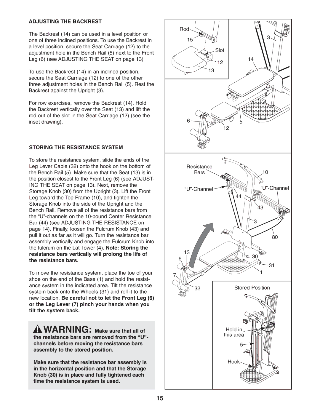 Weider WESY7773.1 user manual Adjusting the Backrest, Storing the Resistance System 