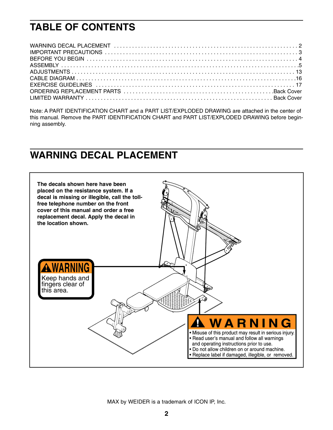 Weider WESY7773.1 user manual Table of Contents 