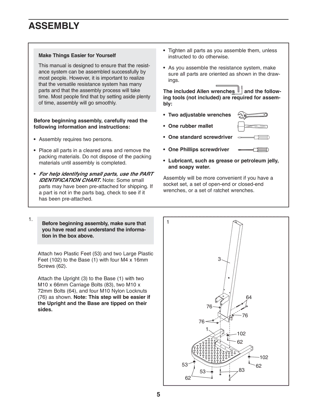 Weider WESY7773.1 user manual Assembly, Make Things Easier for Yourself 