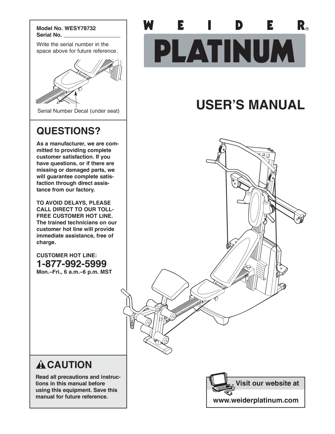 Weider user manual Questions?, Model No. WESY78732 Serial No, Customer HOT Line 