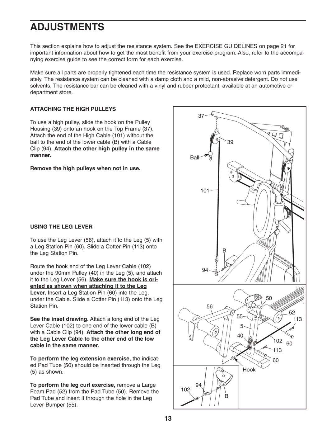 Weider WESY78732 Adjustments, Attaching the High Pulleys, Remove the high pulleys when not in use, Using the LEG Lever 