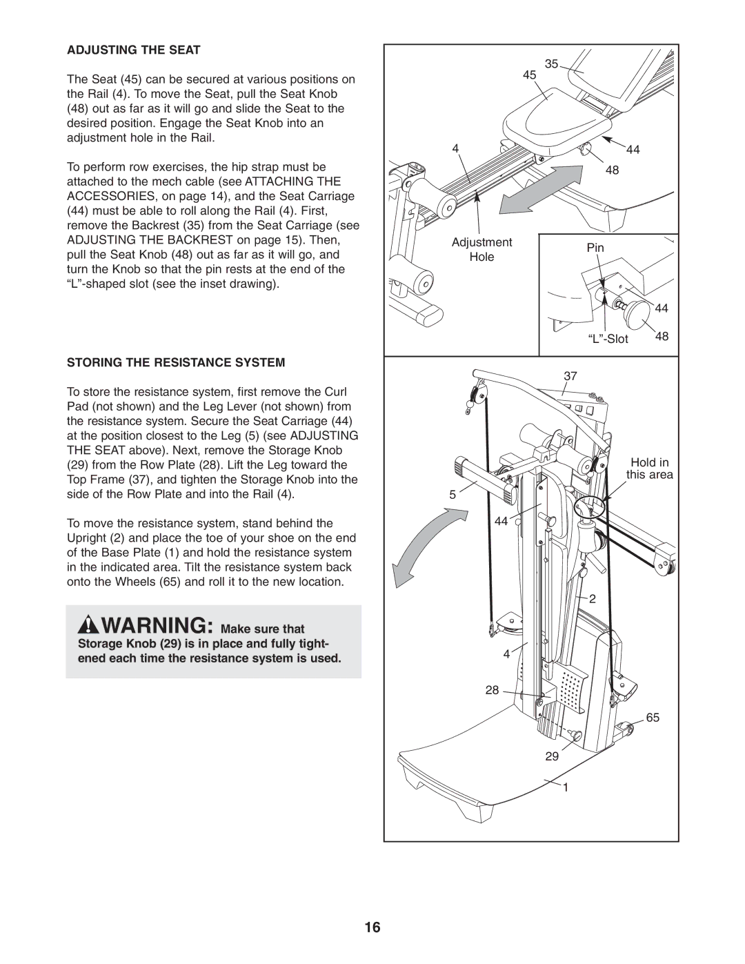 Weider WESY78732 user manual Adjusting the Seat, Storing the Resistance System 