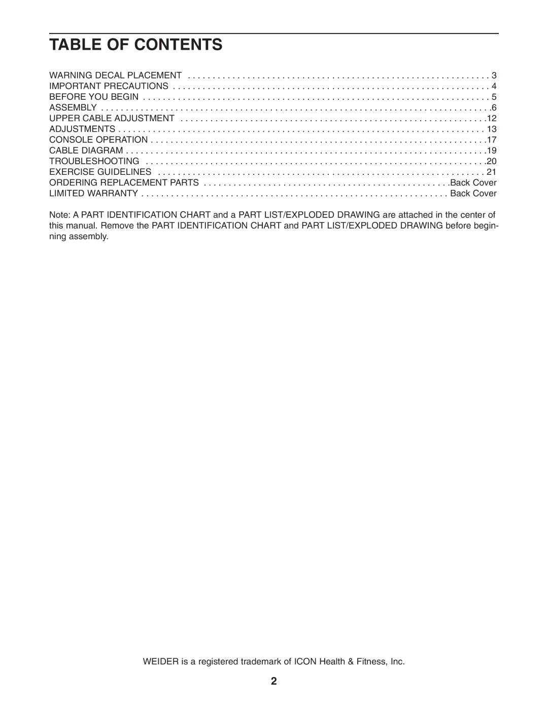 Weider WESY78732 user manual Table of Contents 