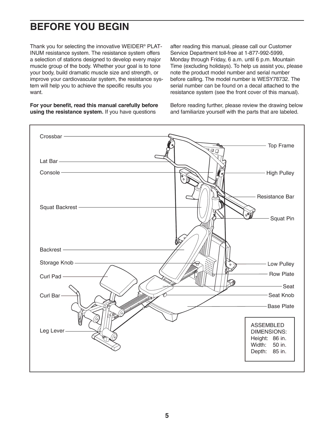 Weider WESY78732 user manual Before YOU Begin 