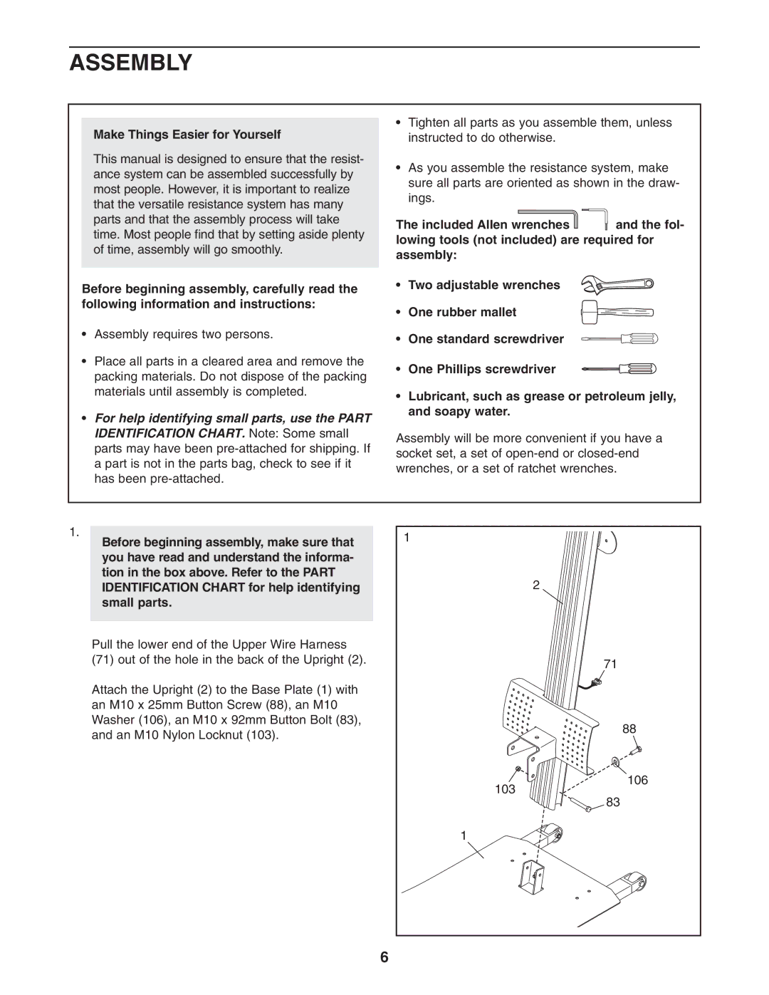 Weider WESY78732 user manual Assembly, Make Things Easier for Yourself 