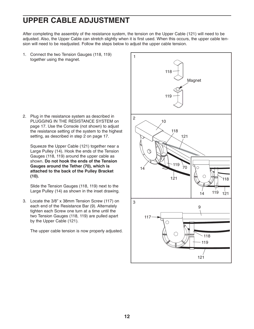 Weider WESY78734 user manual Upper Cable Adjustment 