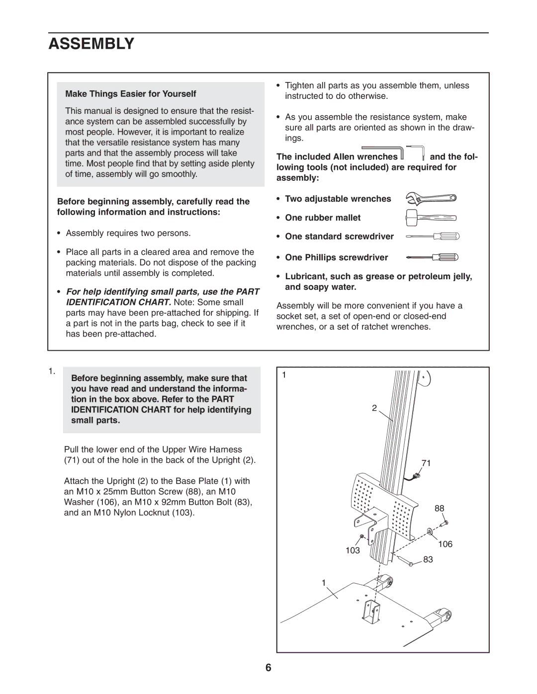 Weider WESY78734 user manual Assembly, Make Things Easier for Yourself 