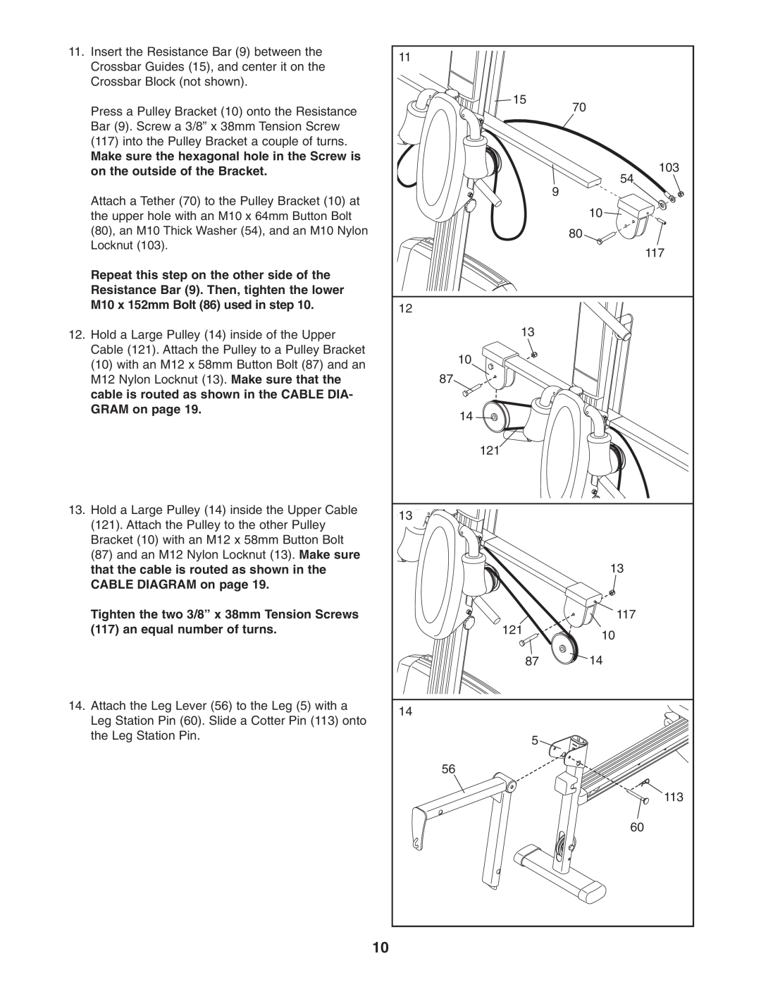 Weider WESY78734 user manual Tighten the two 3/8” x 38mm Tension Screws, an equal number of turns 