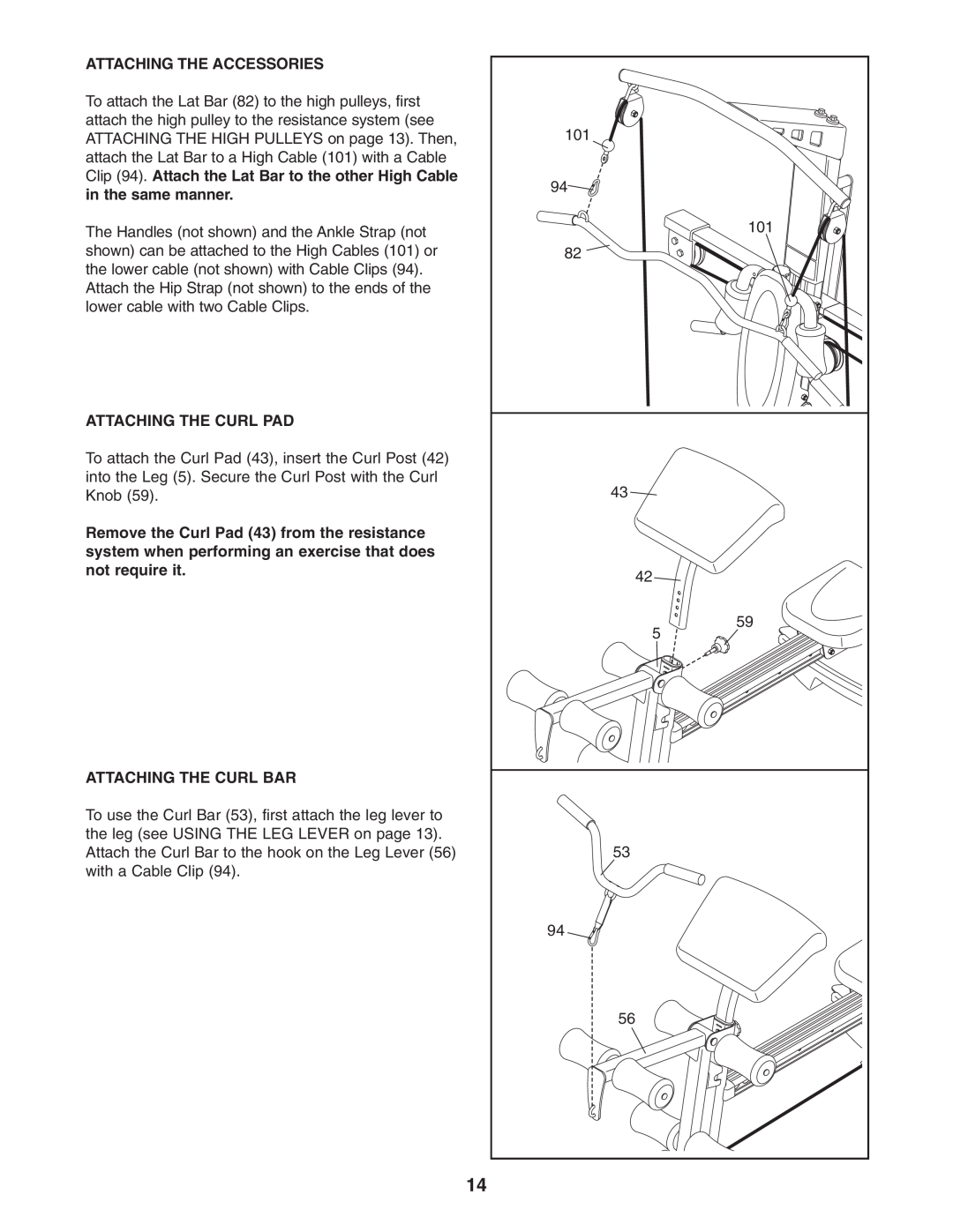 Weider WESY78734 user manual Attaching The Accessories, Attaching The Curl Pad, Attaching The Curl Bar 