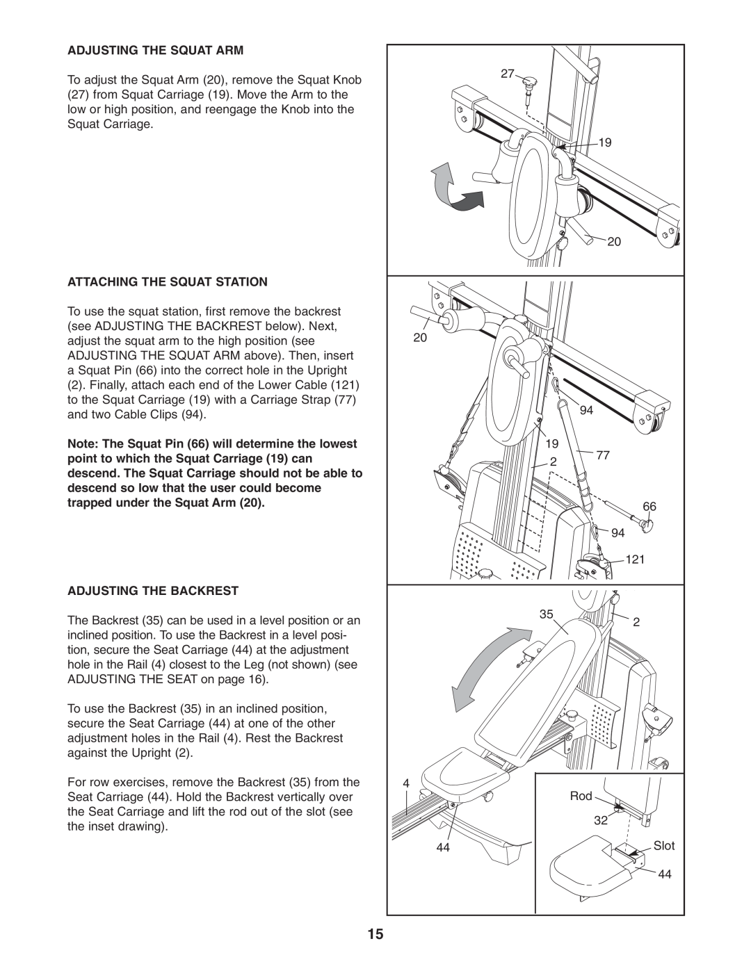 Weider WESY78734 user manual Adjusting The Squat Arm, Attaching The Squat Station, Adjusting The Backrest 