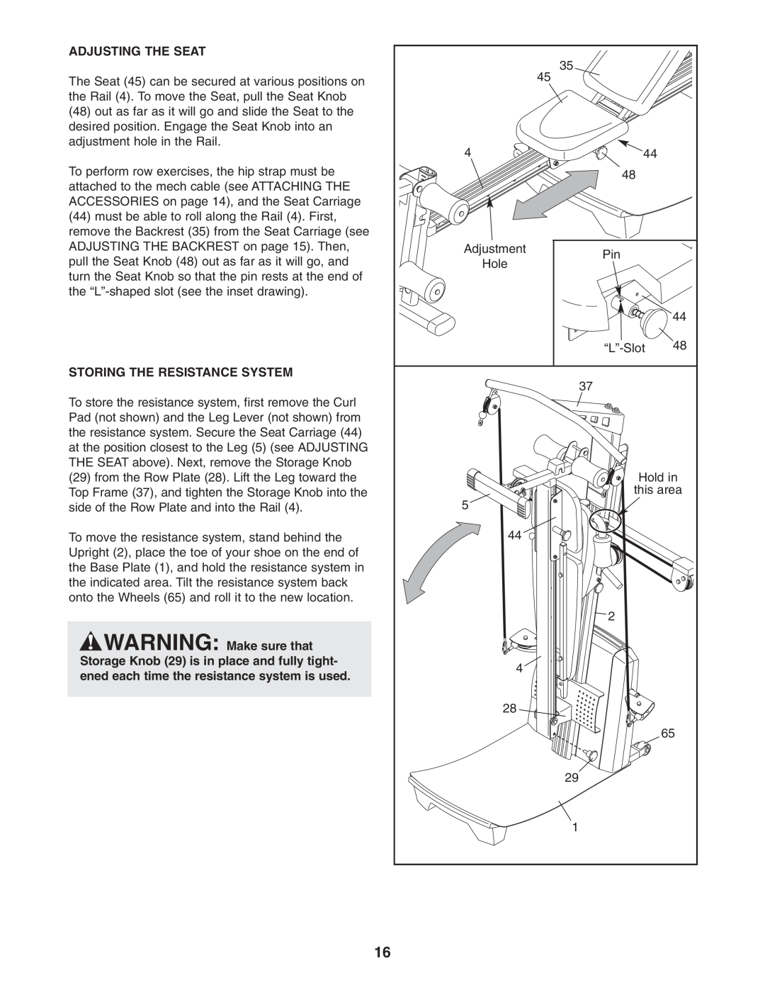 Weider WESY78734 user manual Adjusting The Seat, Storing The Resistance System 