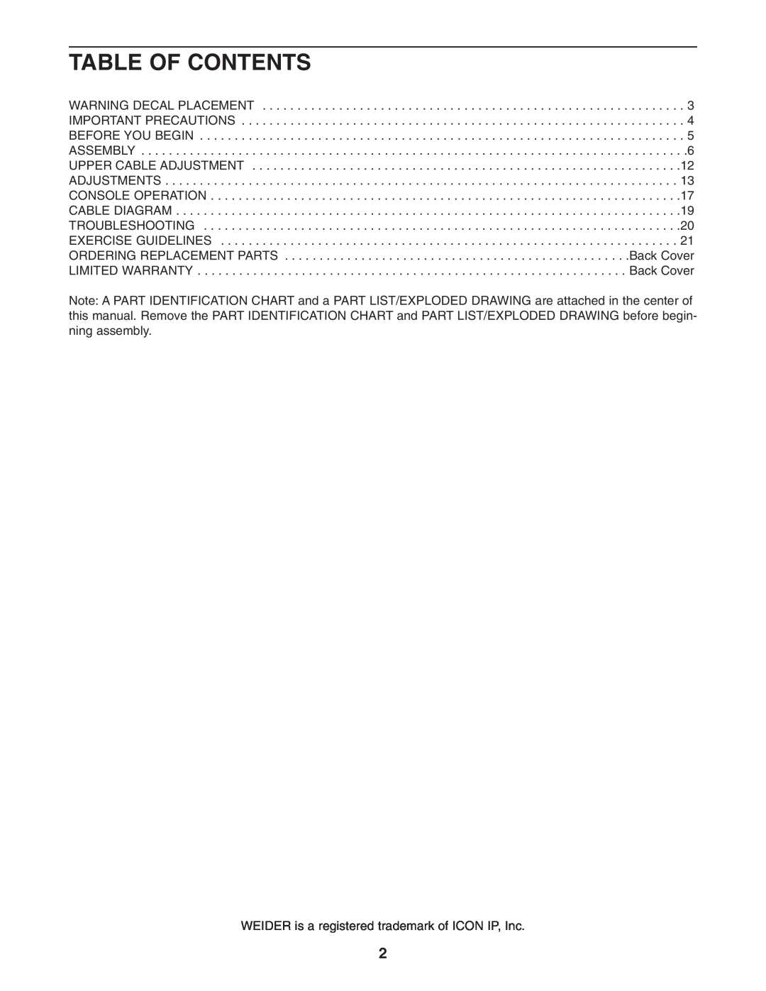 Weider WESY78734 user manual Table Of Contents, WEIDER is a registered trademark of ICON IP, Inc 