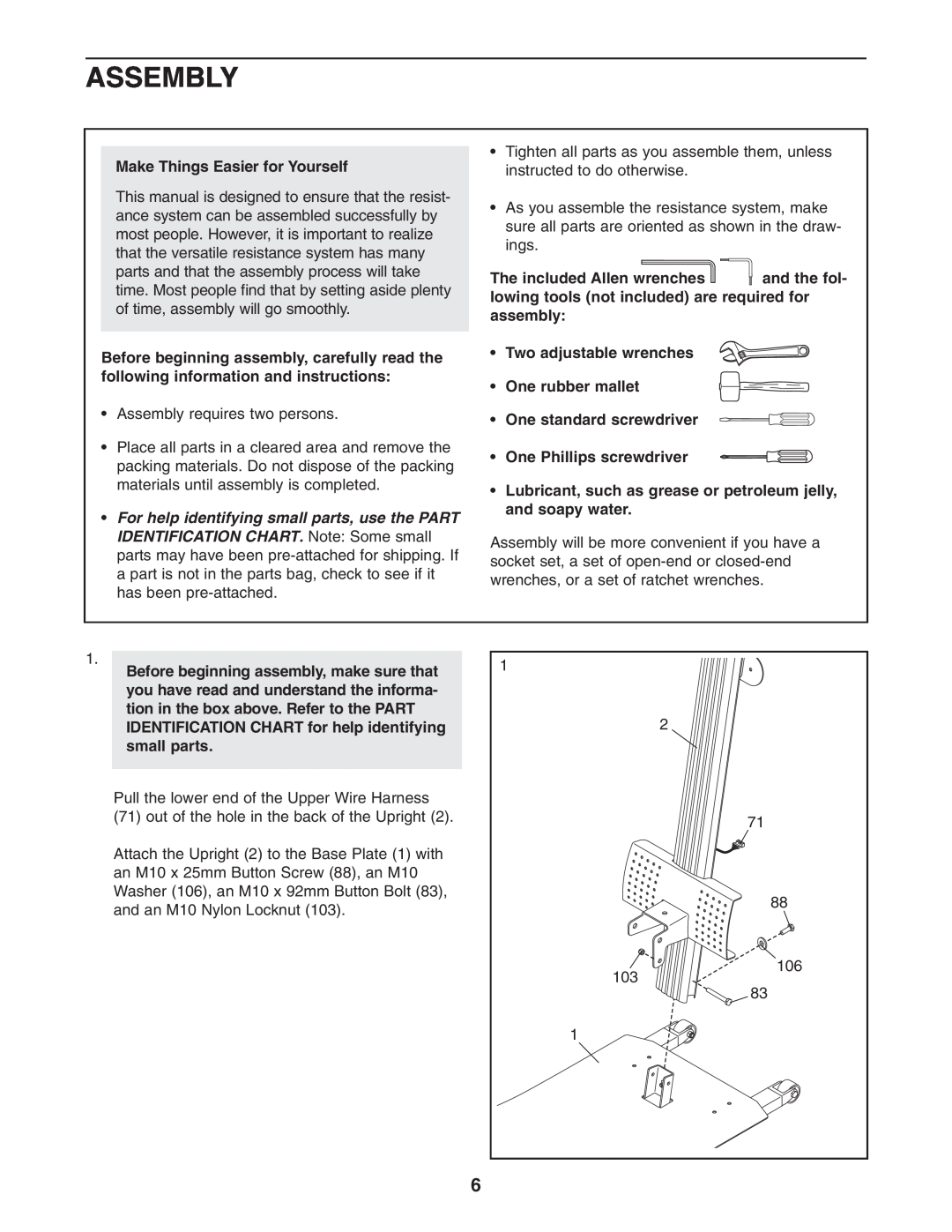 Weider WESY78734 user manual Assembly, Make Things Easier for Yourself, One Phillips screwdriver 