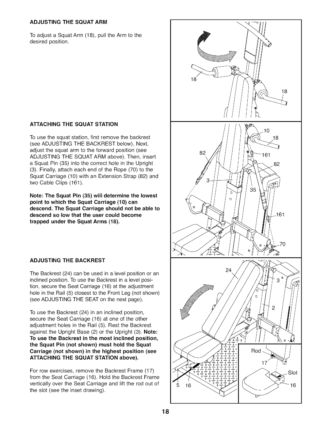 Weider WESY7974.O user manual Adjusting the Squat ARM, RACHING the Squat Station, Adjusting the Backrest 