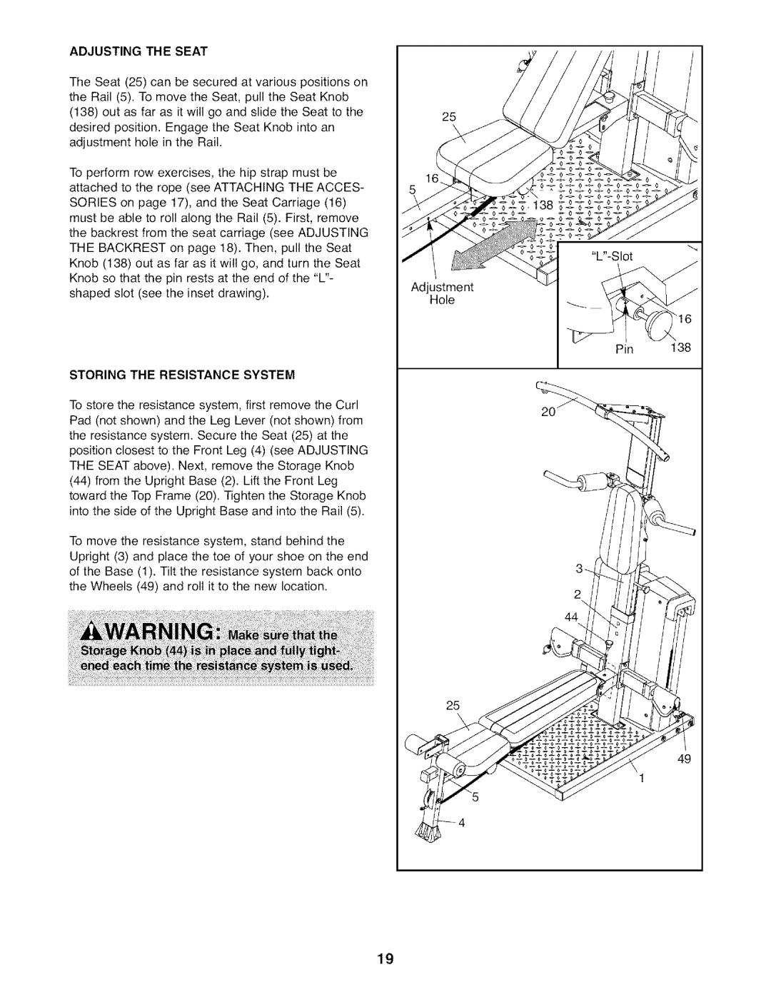 Weider WESY7974.O user manual Adjusting the Seat, Storing the Resistance System 