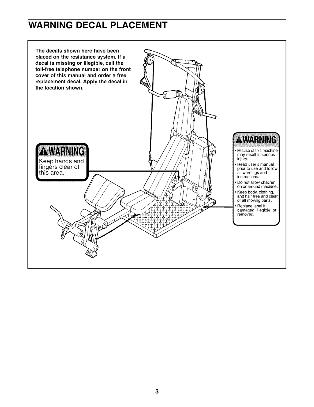 Weider WESY7974.O user manual Hands Clear of area 