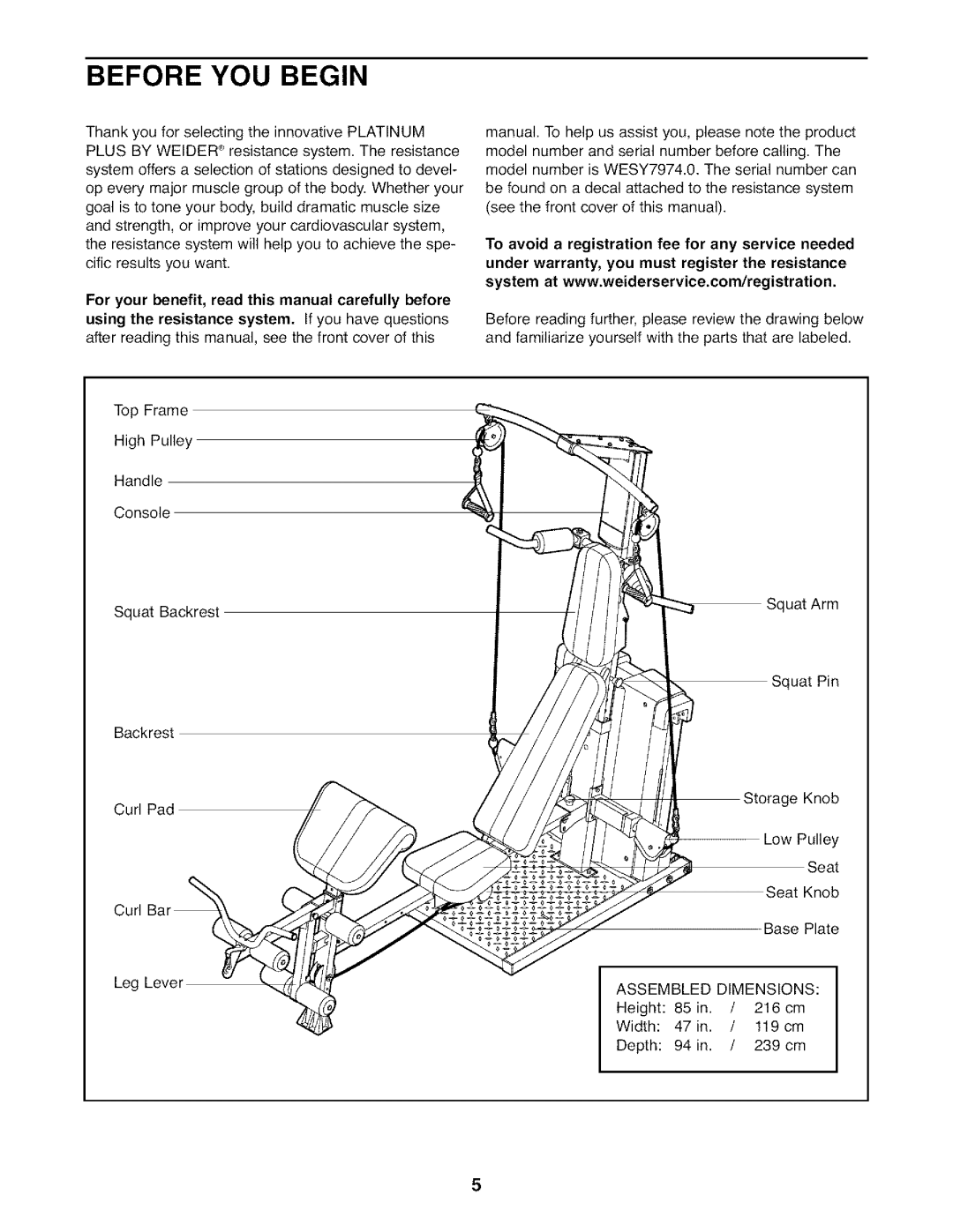 Weider WESY7974.O user manual Before YOU Begin 