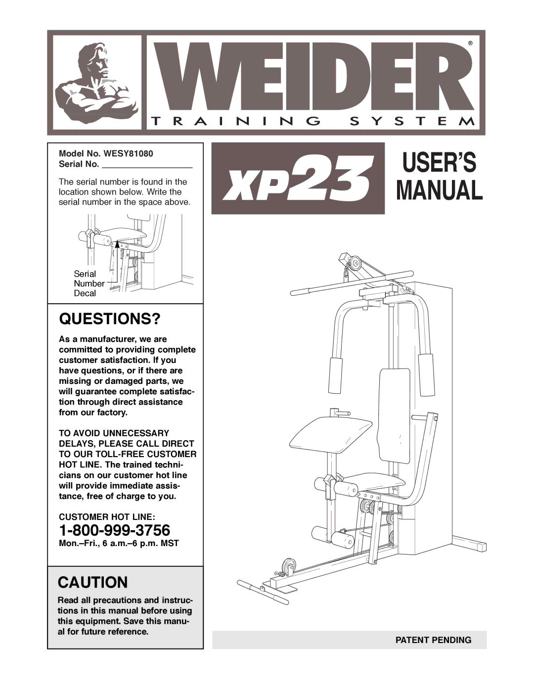 Weider manual Questions?, Model No. WESY81080 Serial No 