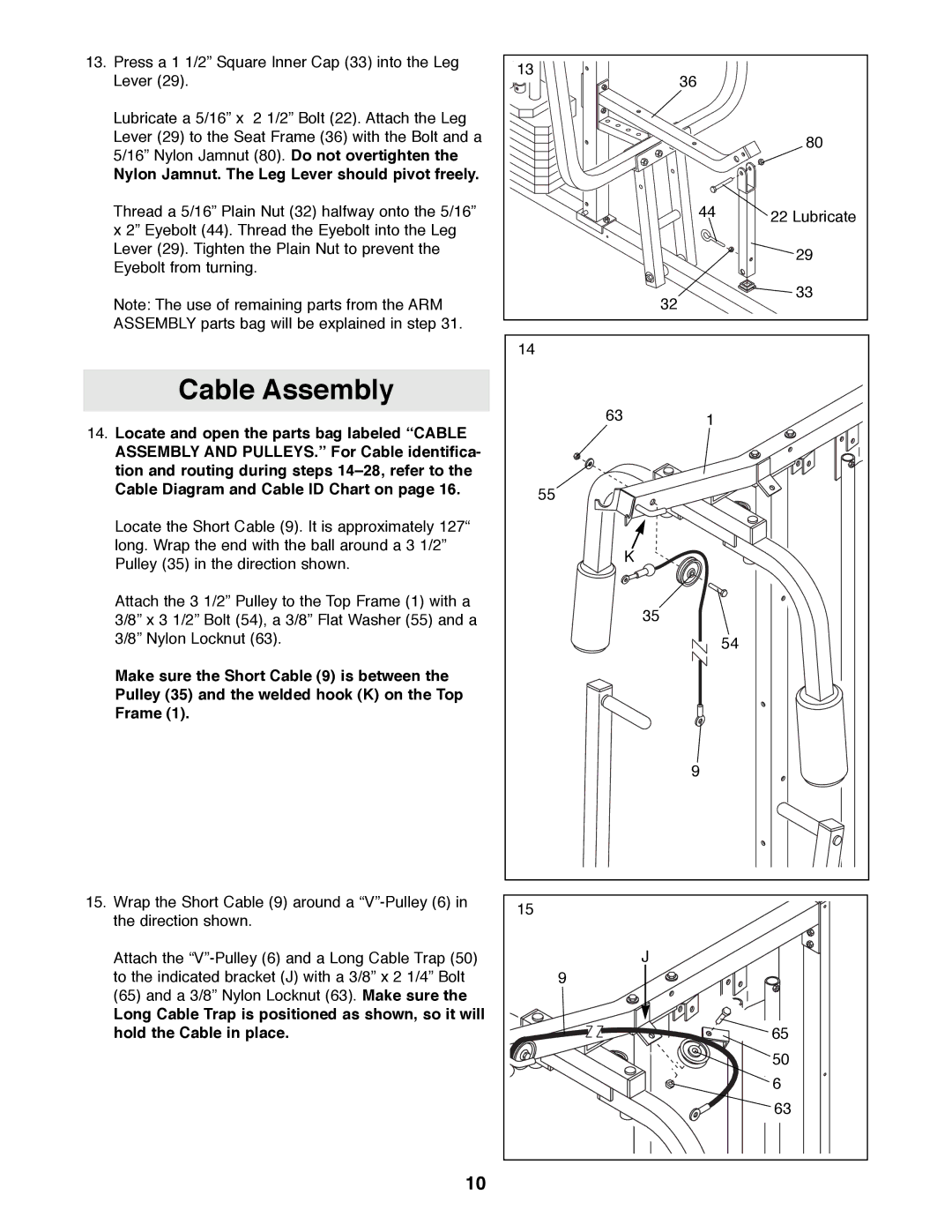 Weider WESY81080 manual Cable Assembly, Nylon Jamnut. The Leg Lever should pivot freely 