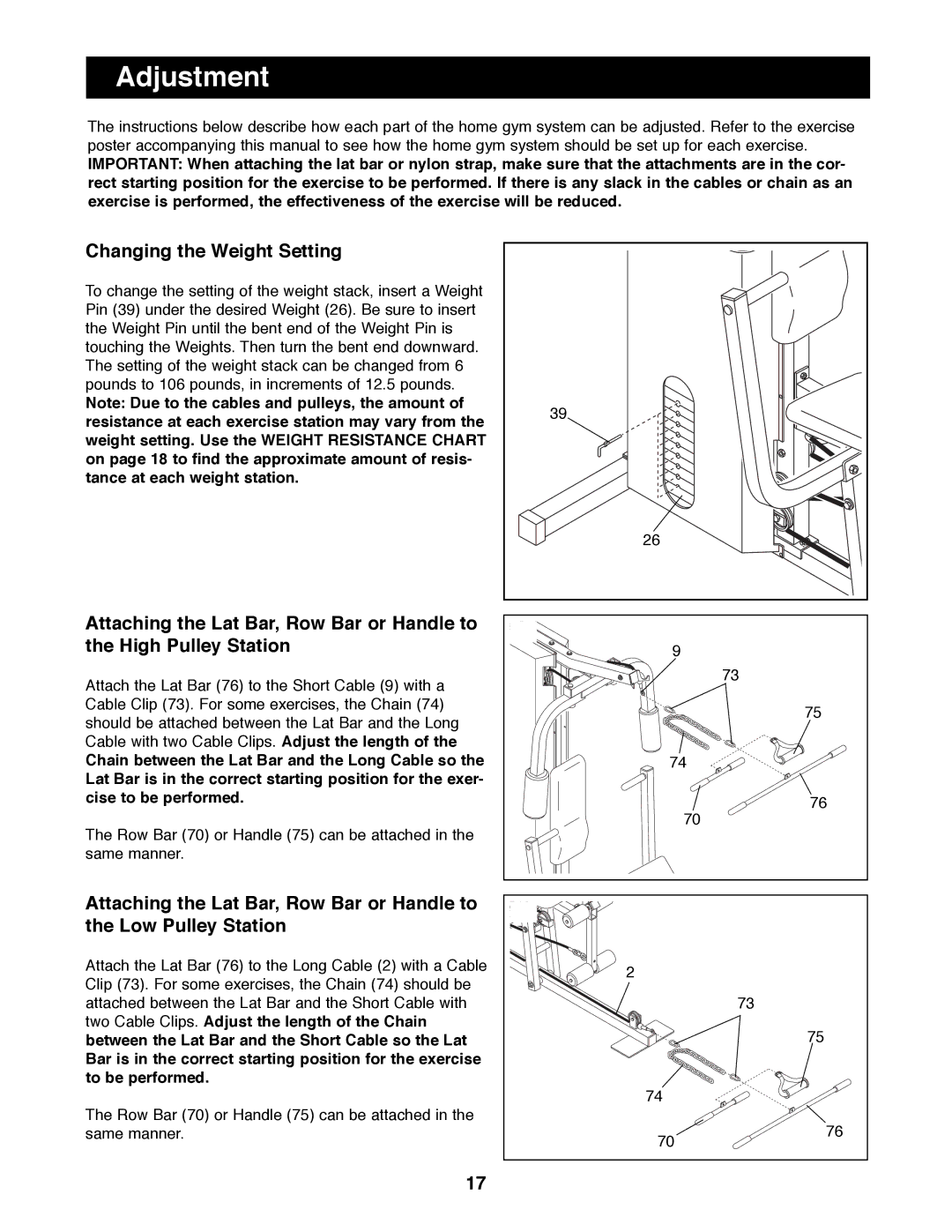 Weider WESY81080 manual Adjustment, Changing the Weight Setting 