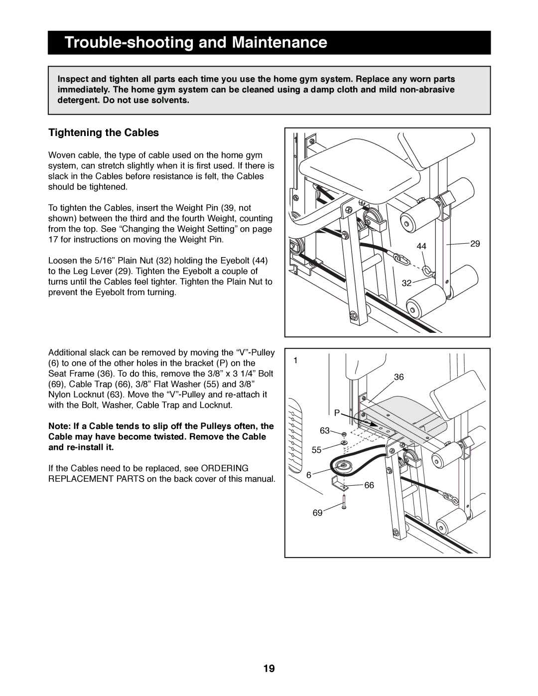 Weider WESY81080 manual Trouble-shooting and Maintenance, Tightening the Cables 