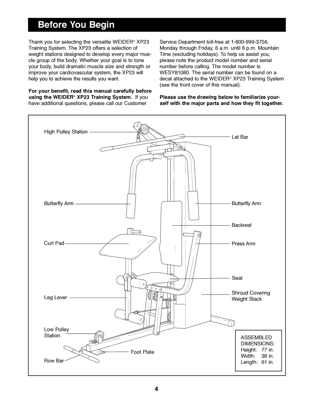 Weider WESY81080 manual Before You Begin 