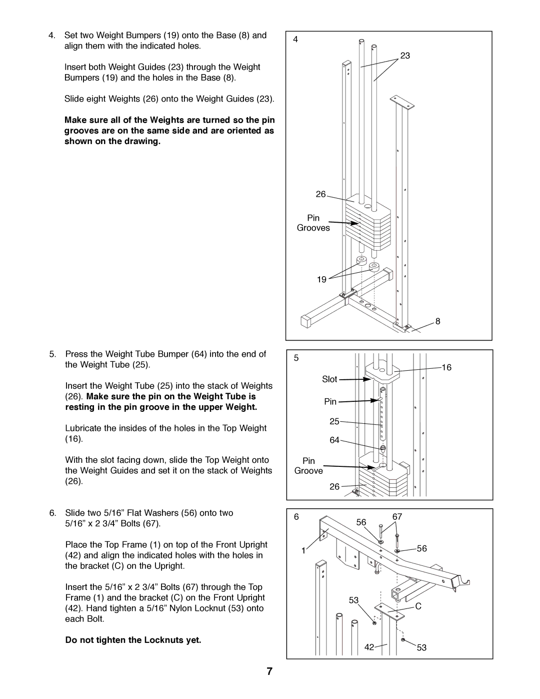 Weider WESY81080 manual Do not tighten the Locknuts yet 