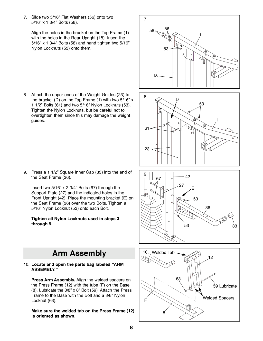 Weider WESY81080 manual Arm Assembly, Tighten all Nylon Locknuts used in steps 3 through 