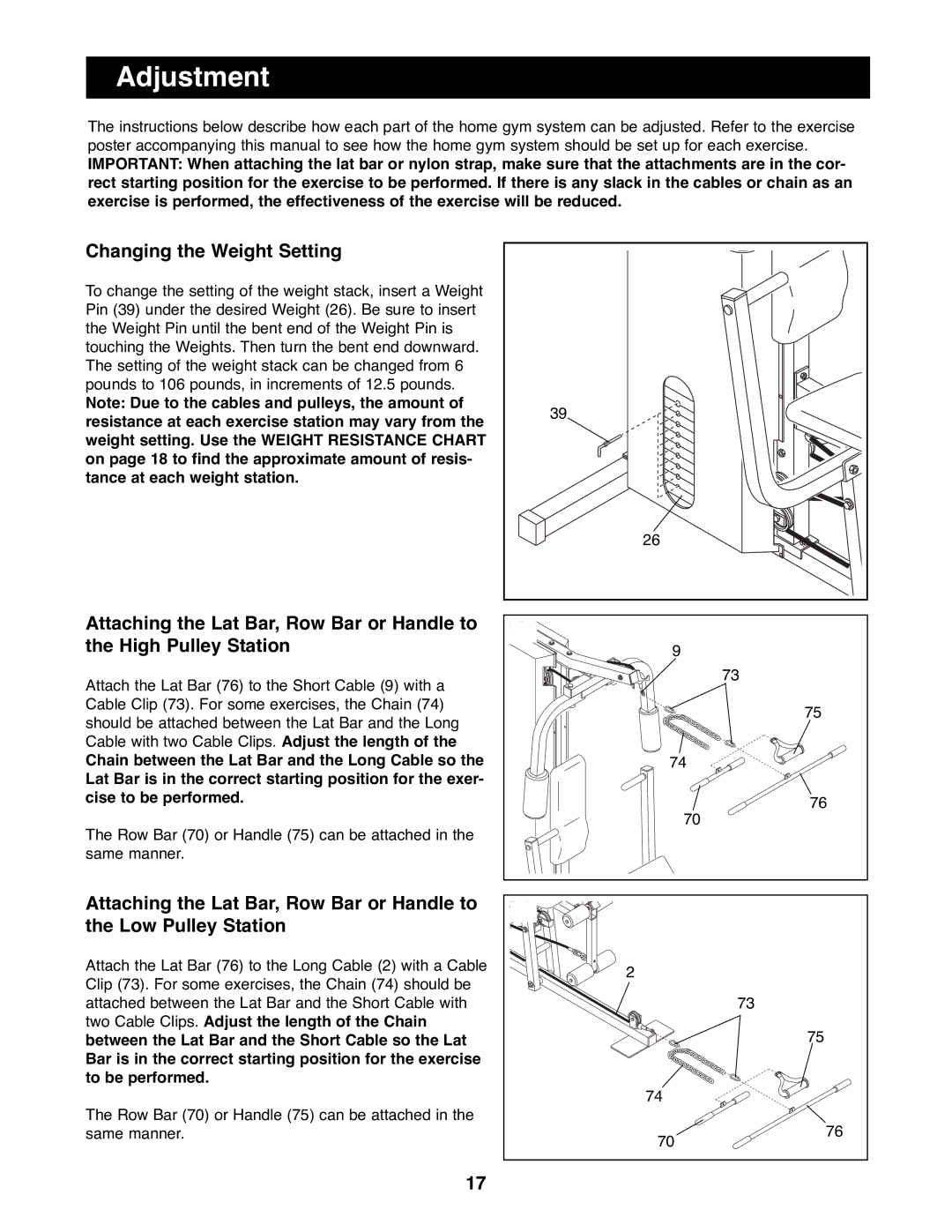 Weider WESY81081 manual Adjustment, Changing the Weight Setting 