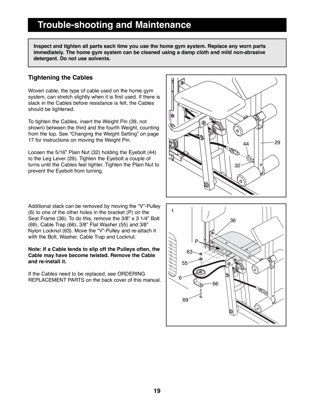 Weider WESY81081 manual Trouble-shooting and Maintenance, Tightening the Cables 