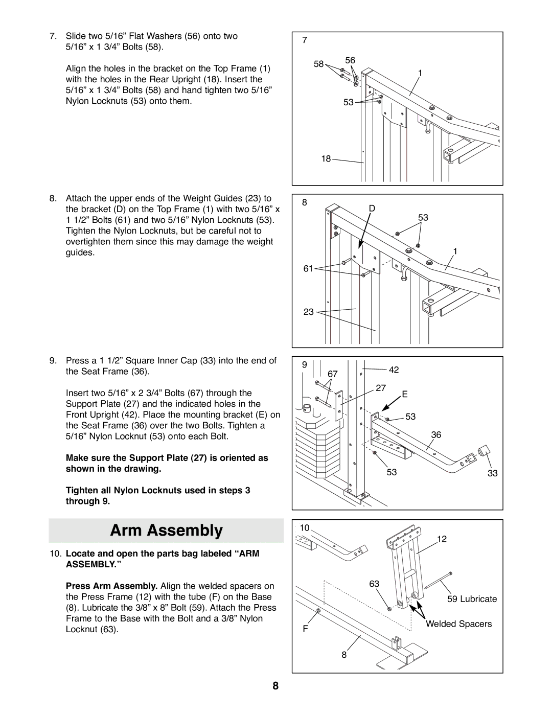 Weider WESY81081 manual Arm Assembly, Locate and open the parts bag labeled Òarm 