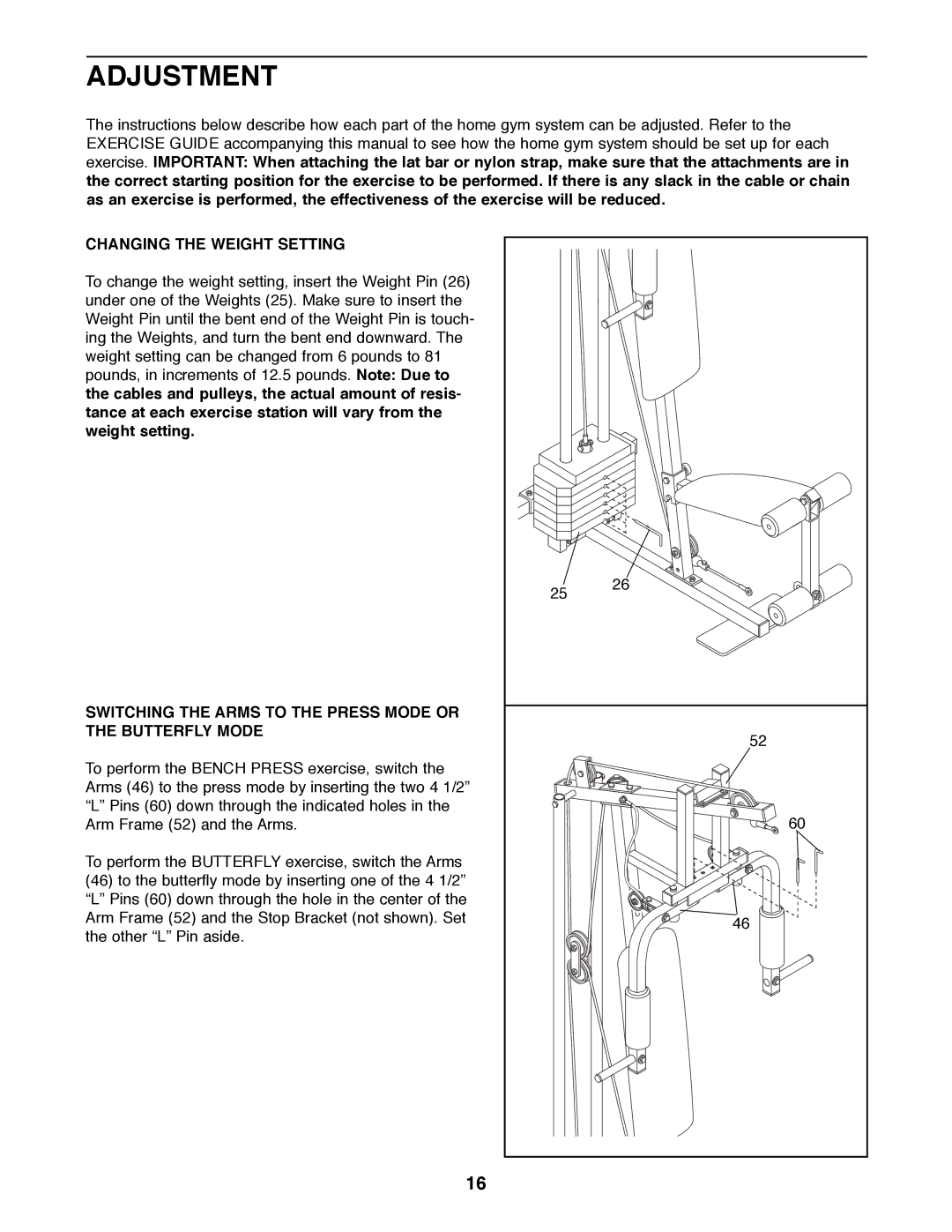 Weider WESY85070 Adjustment, Changing the Weight Setting, Switching the Arms to the Press Mode or the Butterfly Mode 