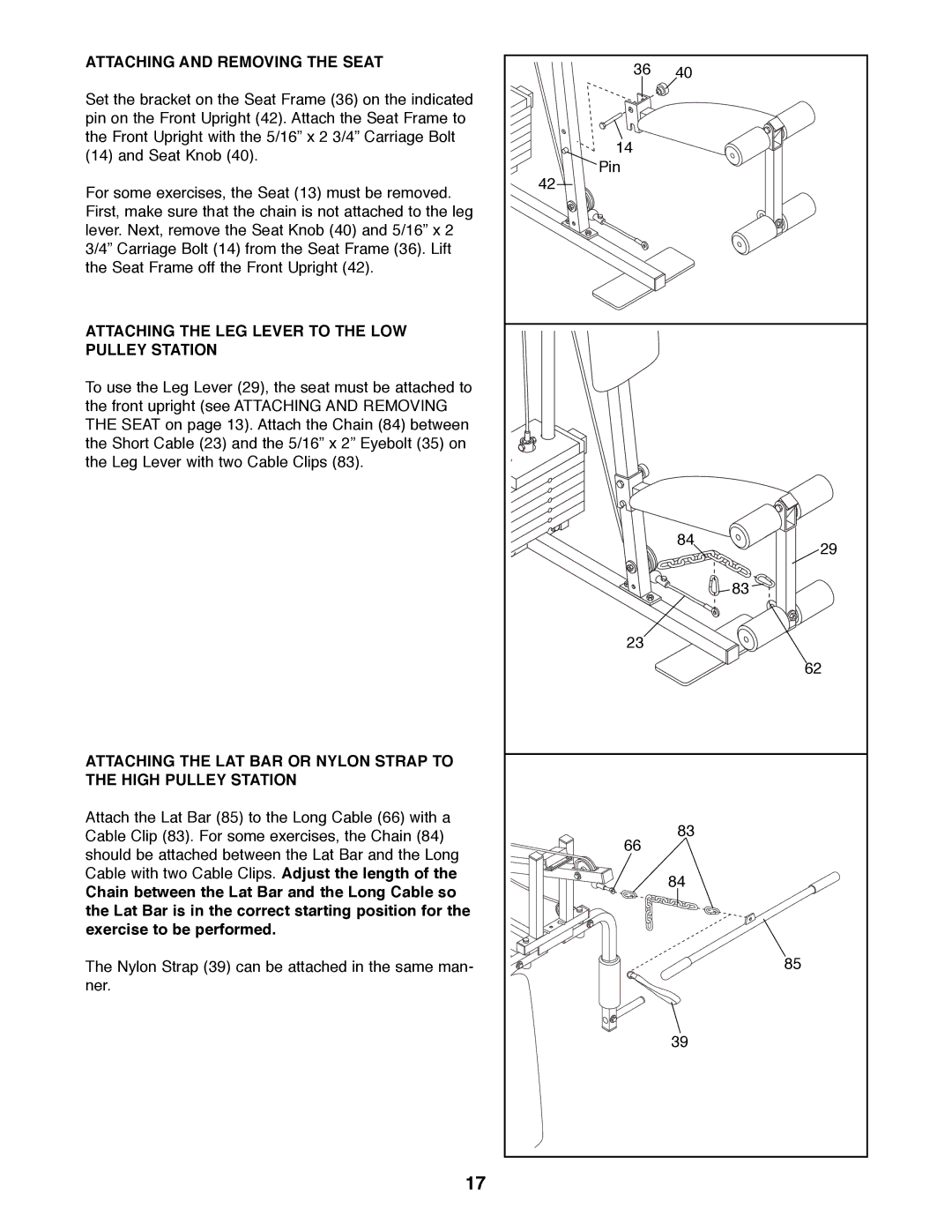 Weider WESY85070 user manual Attaching and Removing the Seat, Attaching the LEG Lever to the LOW Pulley Station 