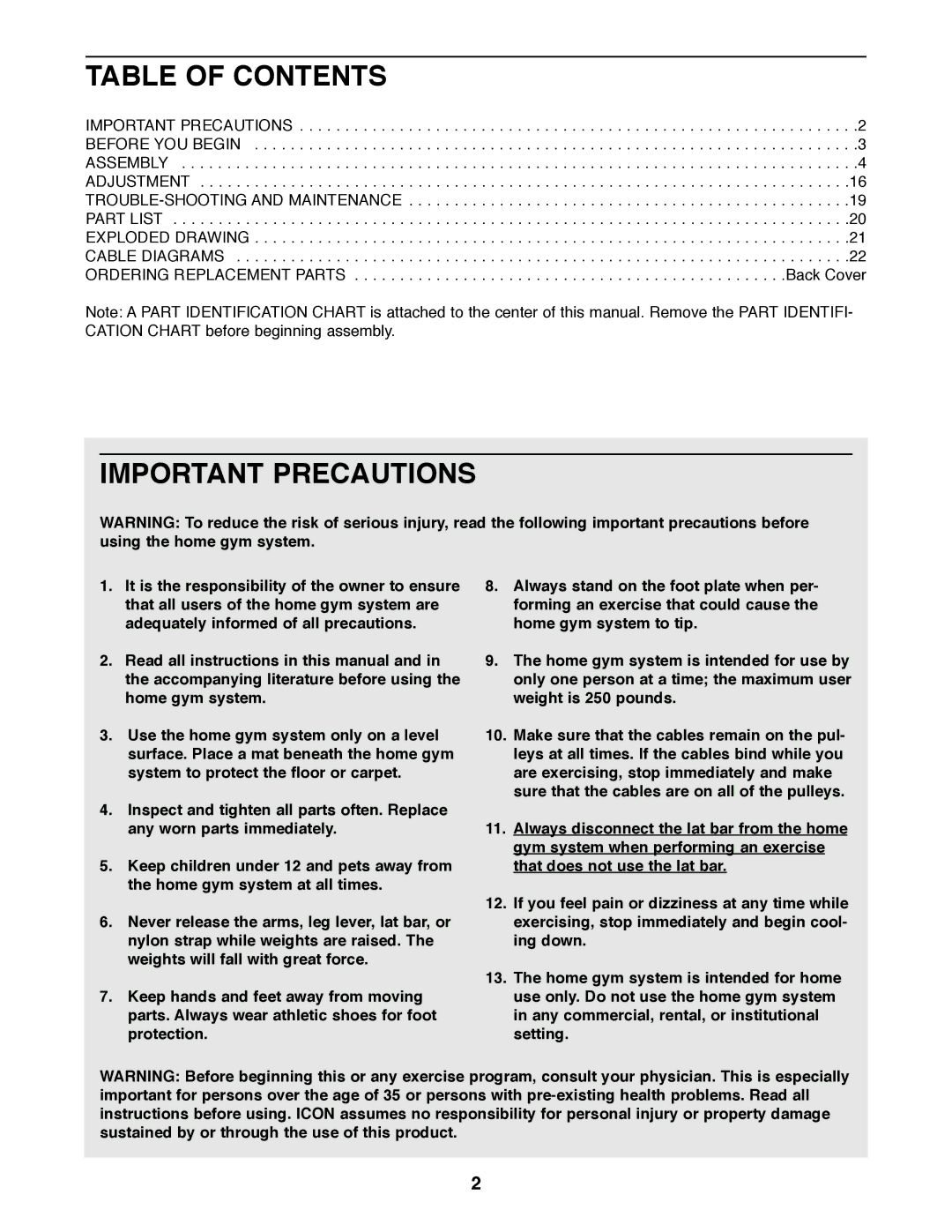 Weider WESY85070 user manual Table of Contents, Important Precautions 