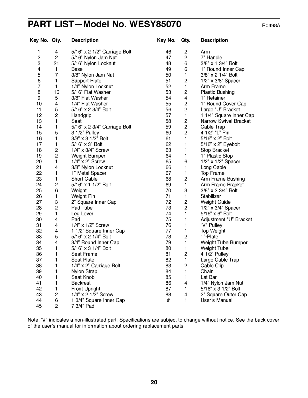 Weider user manual Part LISTÑModel No. WESY85070, Key No. Qty Description 