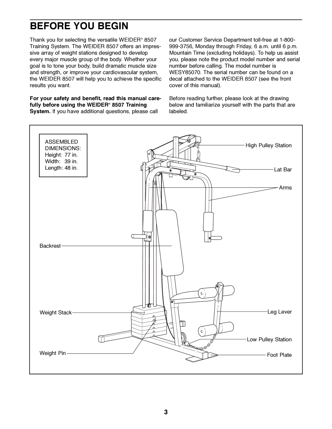 Weider WESY85070 user manual Before YOU Begin, Dimensions 