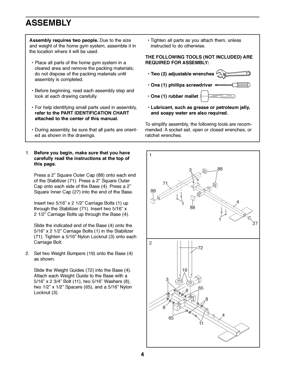 Weider WESY85070 user manual Following Tools not Included are Required for Assembly 