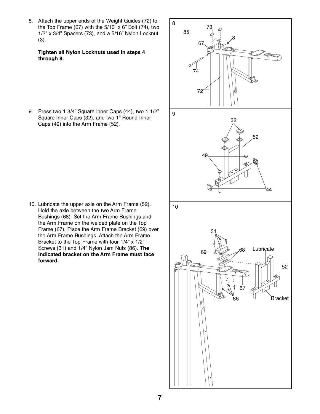 Weider WESY85070 user manual Tighten all Nylon Locknuts used in steps 4 through 