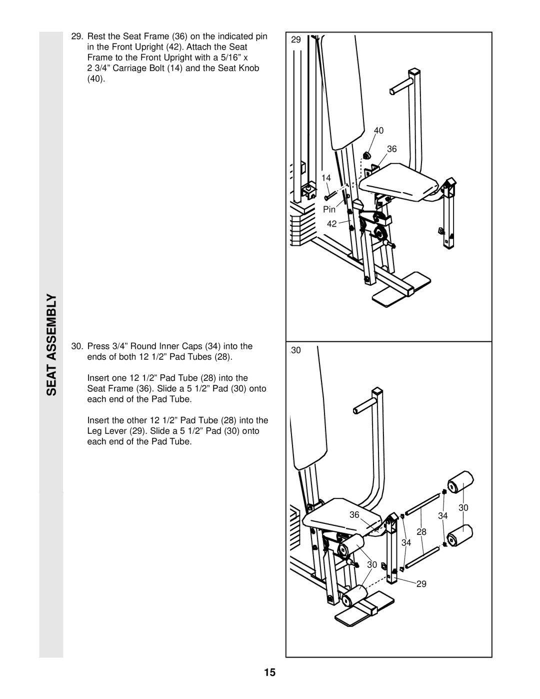 Weider WESY85100 user manual Seat Assembly 