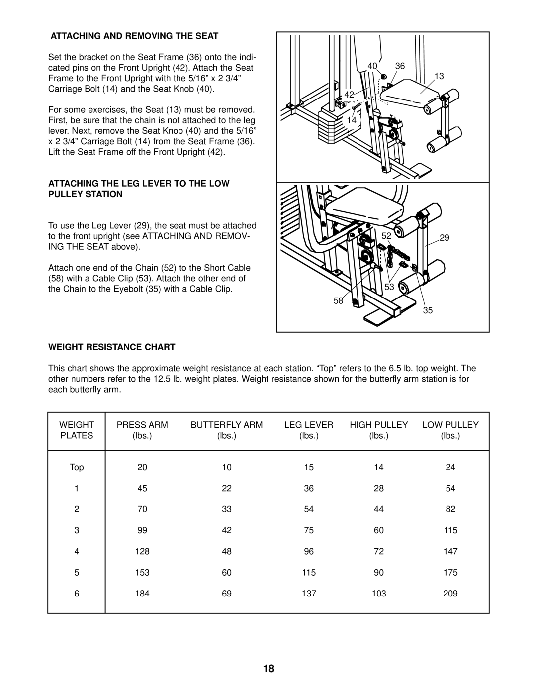 Weider WESY85100 user manual Attaching and Removing the Seat, Attaching the LEG Lever to the LOW Pulley Station 