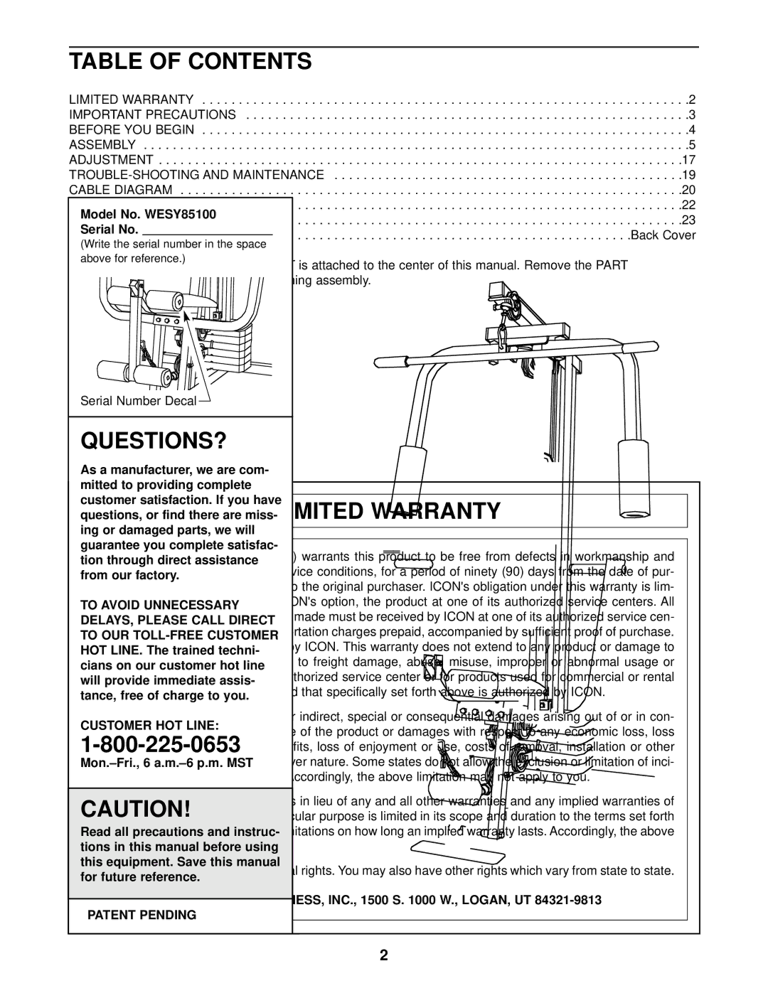 Weider WESY85100 user manual Table of Contents, Limited Warranty 