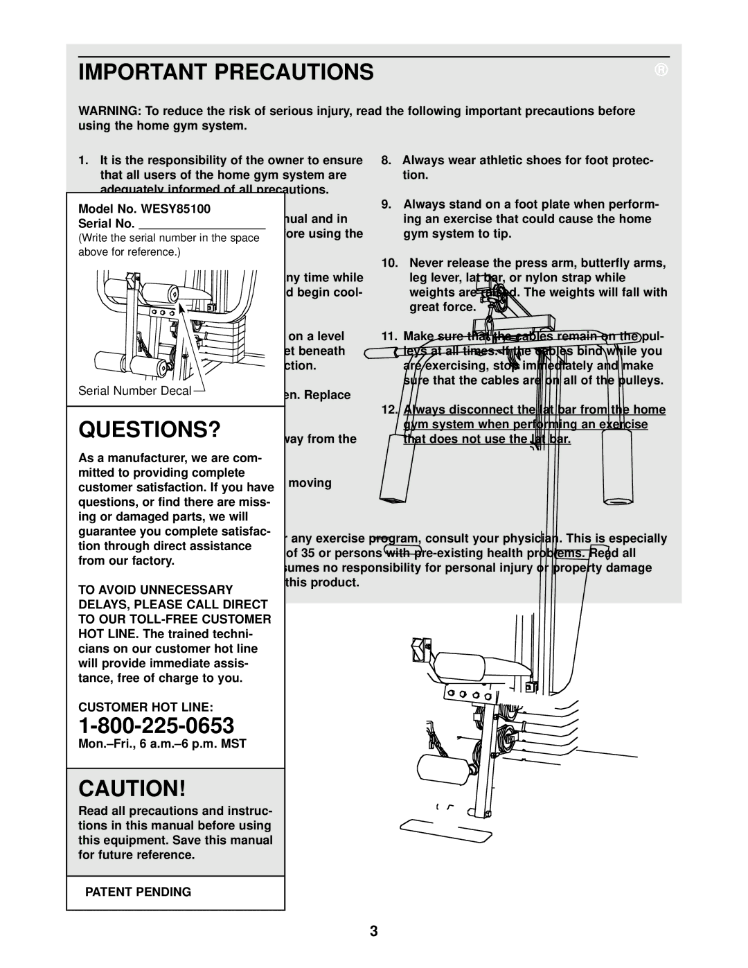 Weider WESY85100 user manual Important Precautions 